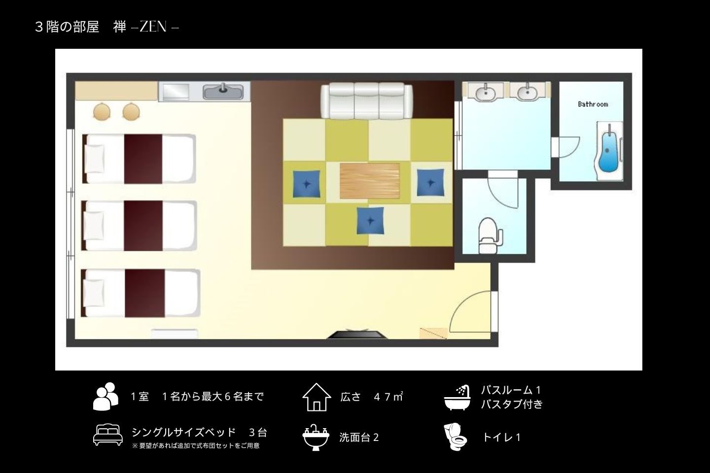 ３階【禅-ZEN-】シングルベッドが３台と大きな畳間のあるグループやファミリーにおすすめの部屋
